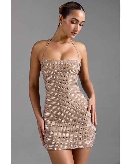 Oh Polly Natural Embellished Halterneck A-Line Mini Dress