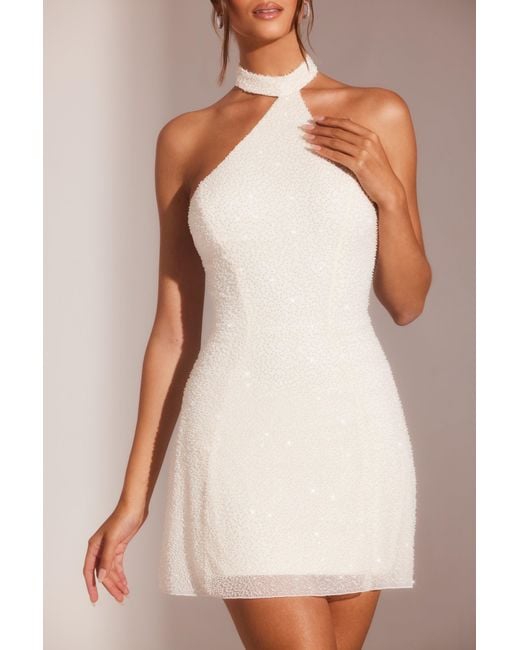 Oh Polly White Embellished Asymmetric Neck A-Line Mini Dress