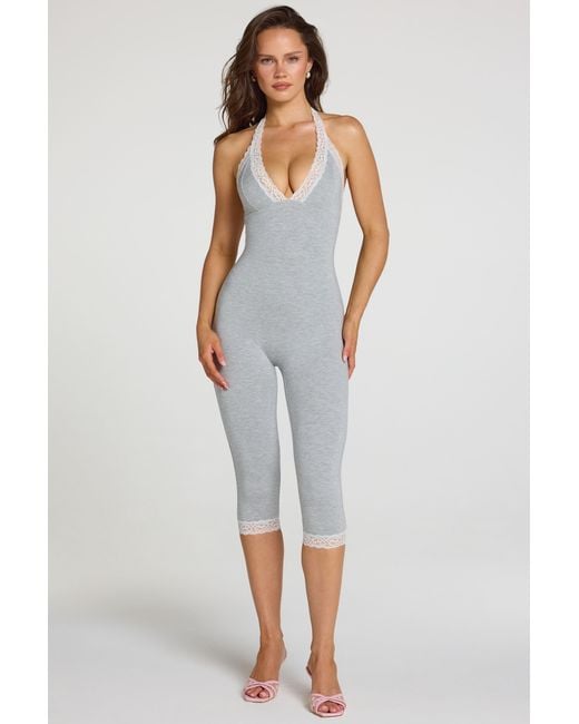 Oh Polly Gray Modal Lace-Trim Capri Jumpsuit