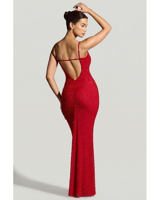 Oh Polly Red Embellished Plunge Neck Evening Gown