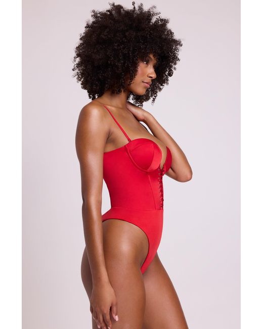 Oh Polly Red Satin Plunge Neck Lace Up Corset Bodysuit