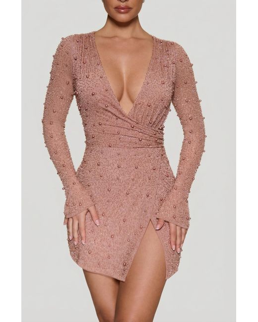 Oh Polly Natural Embellished Wrap Over A-Line Mini Dress
