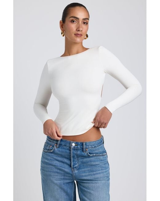 Oh Polly White Modal High Neck Long Sleeve Open Back Top