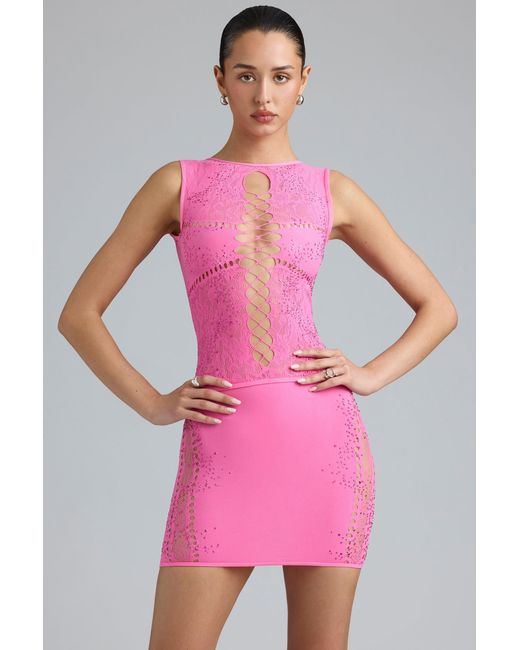 Oh Polly Pink Embellished Lace-Up High-Neck Top