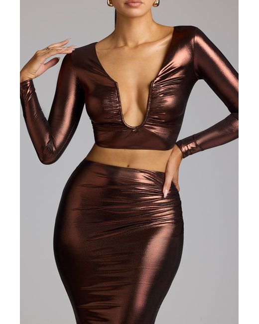 Oh Polly Brown Mid Rise Metallic Jersey Maxi Skirt
