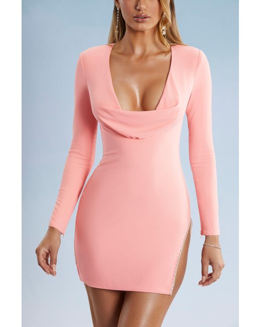 Oh Polly Pink Cowl Neck Thigh Split Mini Dress