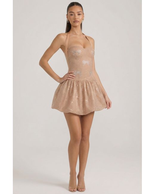 Oh Polly Natural Embellished Halterneck Bubble Hem Mini Dress
