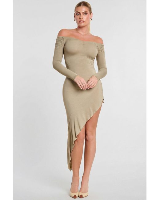 Oh Polly Natural Long Sleeve Off-The-Shoulder Modal Cashmere Blend Maxi Dress