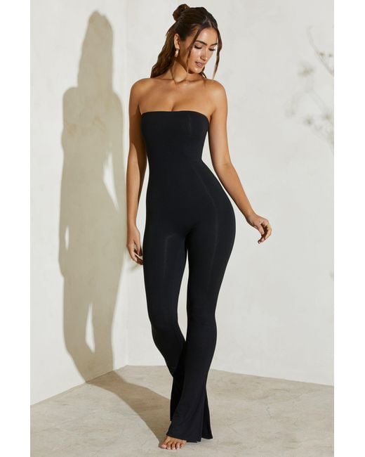 Oh Polly Black Strapless Flared Hem Jumpsuit
