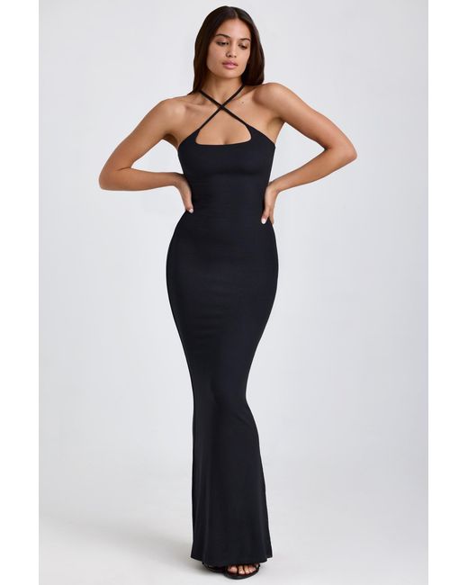Oh Polly Black Ribbed Modal Halterneck Maxi Dress