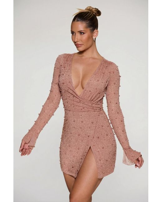 Oh Polly Natural Embellished Wrap Over A-Line Mini Dress