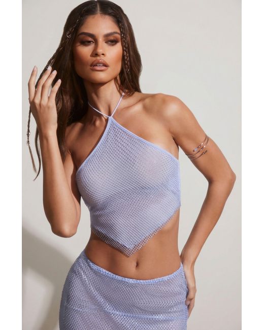 Oh Polly Blue Embellished Open Back Crop Top