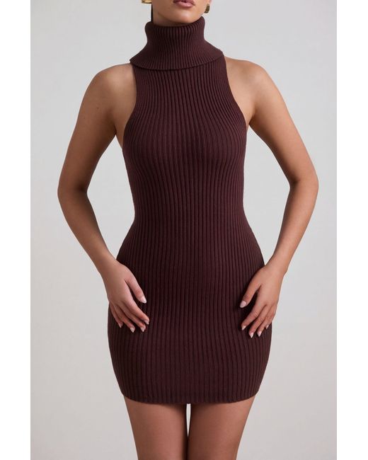 Oh Polly Brown Ribbed-Knit Turtleneck Mini Dress