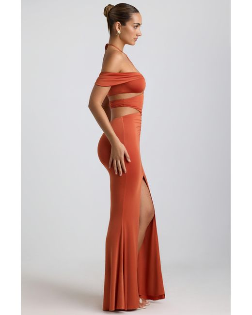 Oh Polly Orange Slinky Jersey Cut-Out Halterneck Gown