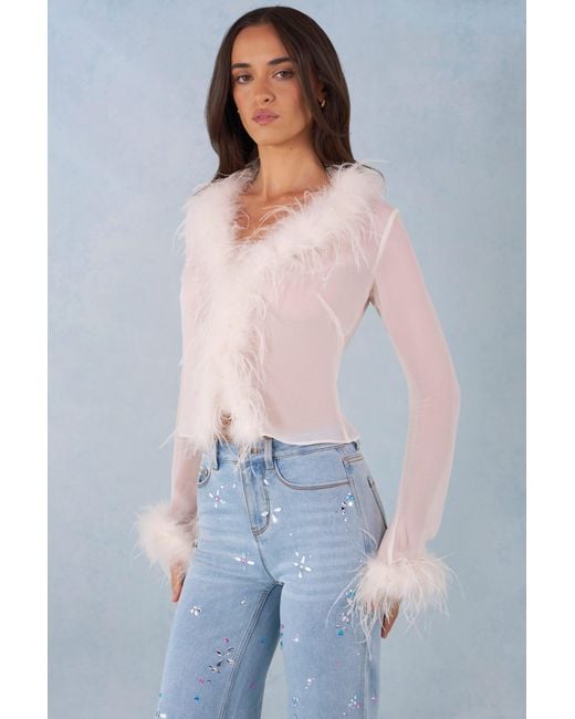 Oh Polly White Feather Trim Sheer Top