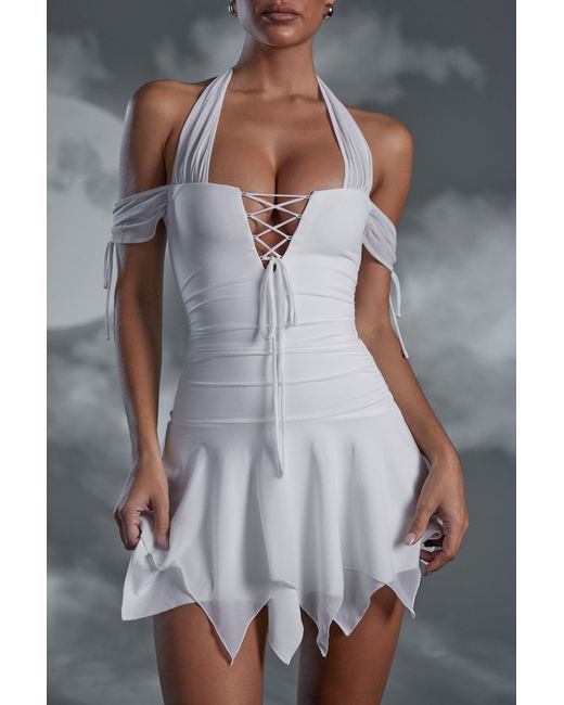 Oh Polly White Lace Up Halter Neck Mini Dress