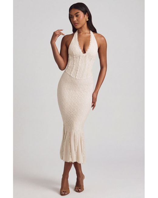 Oh Polly Natural Halterneck Corset Lace Midaxi Dress