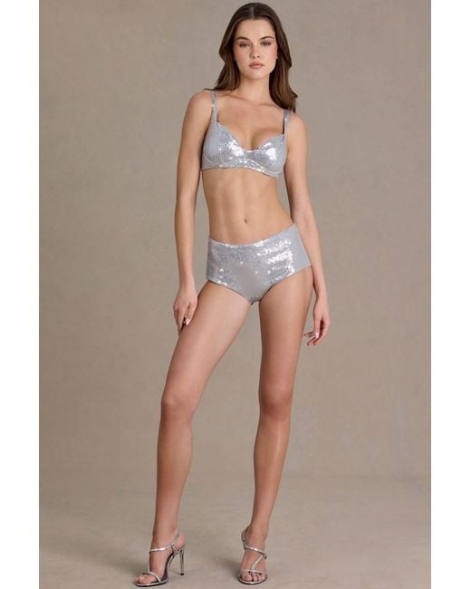 Oh Polly Metallic Sequin Mesh Mid-Rise Mini Shorts