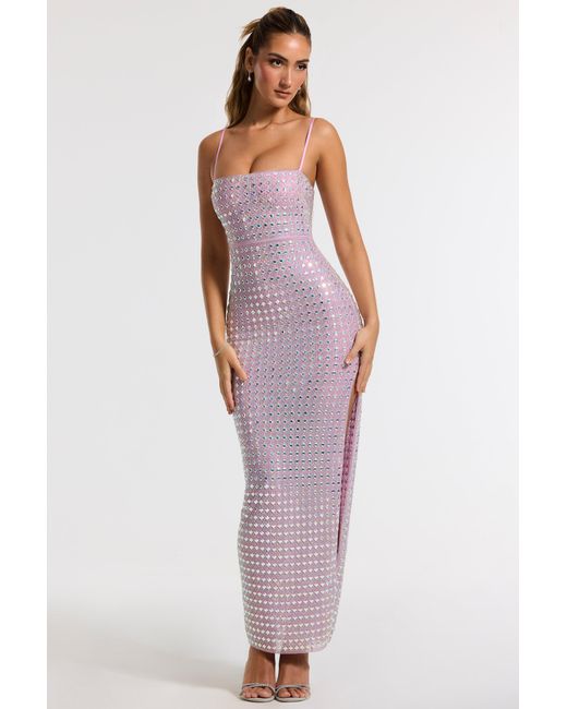 Oh Polly Purple Embellished Square Neck Thigh Split Gown