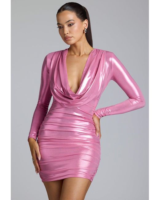 Oh Polly Pink Long Sleeve Metallic Jersey Mini Dress