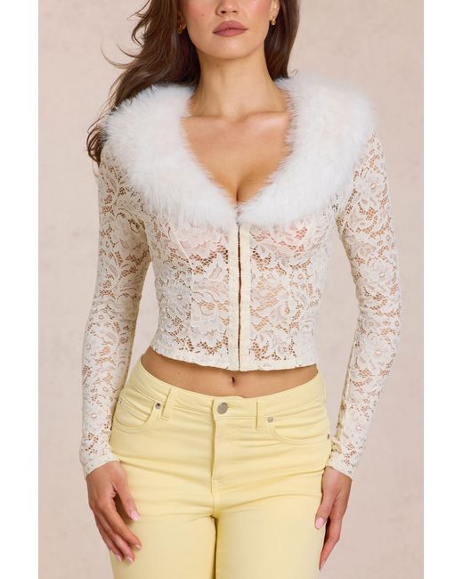 Oh Polly White Lace Faux-Fur-Trim Cardigan