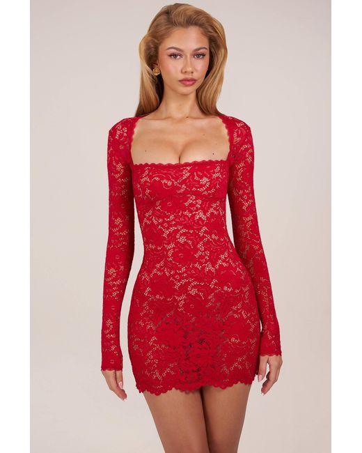 Oh Polly Red Sheer Scalloped-Lace Long-Sleeve Mini Dress