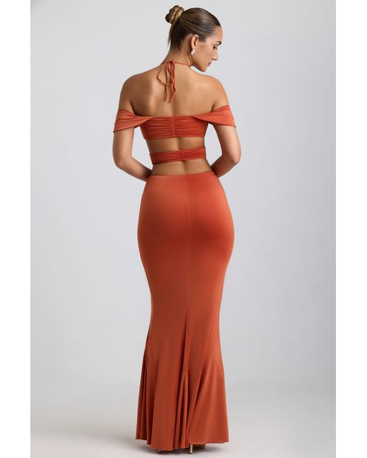 Oh Polly Orange Slinky Jersey Cut-Out Halterneck Gown