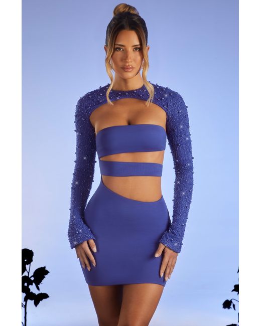 Oh Polly Blue Embellished Long Sleeve Cut Out Mini Dress