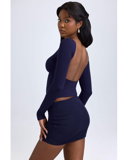 Oh Polly Blue Modal High Neck Long Sleeve Open Back Top