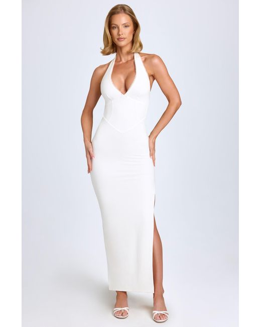 Oh Polly White Modal Lace-Trim Halterneck Maxi Dress