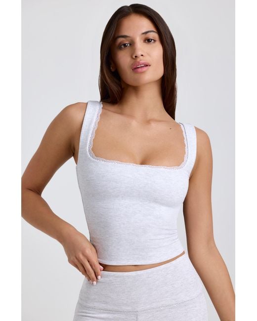 Oh Polly Gray Ribbed Modal Lace-Trim Tank Top