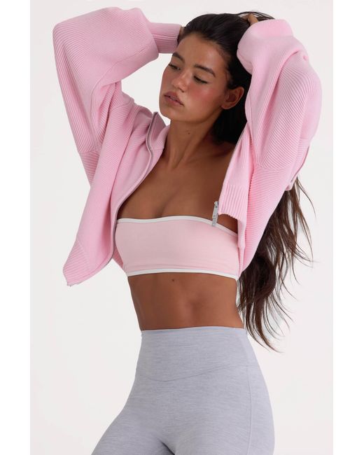 BO+TEE Pink Ribbed Knit Zip-Up Cropped Sweatshirt