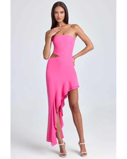 Oh Polly Pink Bandeau Cut-Out Ruffle-Trim Maxi Dress