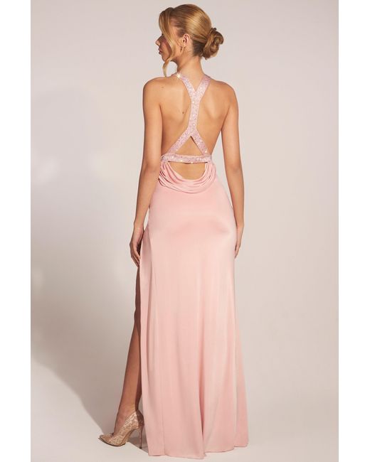 Oh Polly Pink Cowl-Neck Thigh-High Gown
