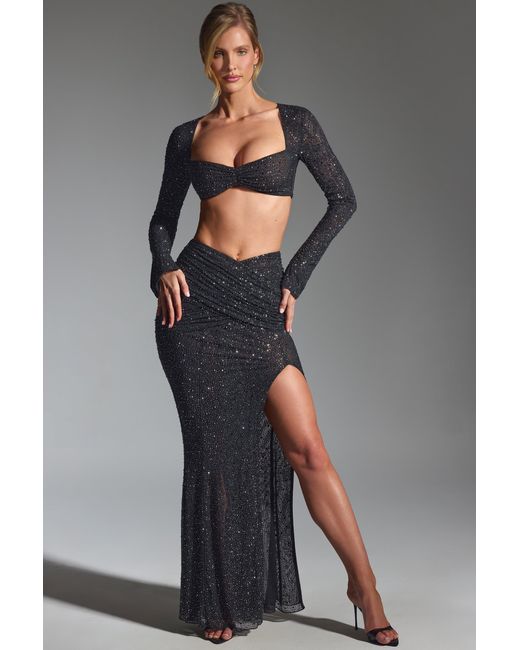Oh Polly Black Embellished Long-Sleeve Crop Top