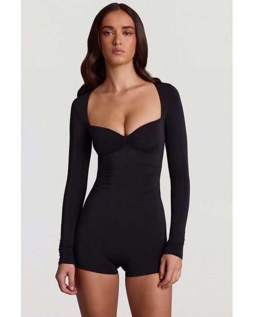 Oh Polly Black Soft Jersey Sweetheart Long-Sleeve Mini Playsuit