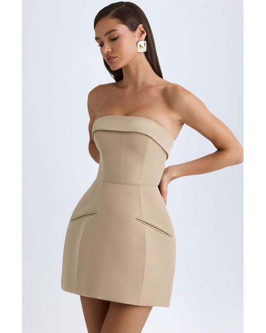 Oh Polly Natural Foldover-Neck Structured Tulip Mini Dress