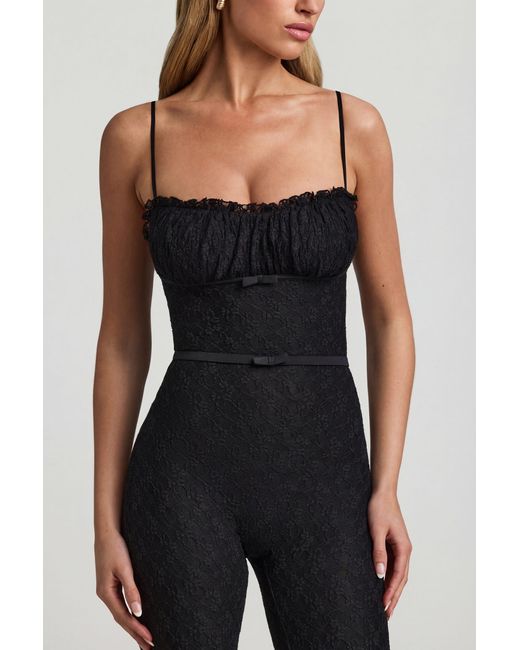 Oh Polly Black Bow-Detail Lace Flared Jumpsuit