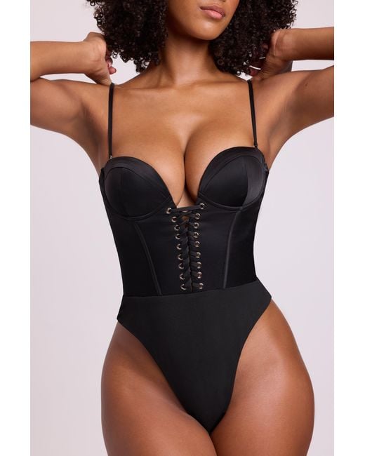 Oh Polly Black Satin Plunge Neck Lace Up Corset Bodysuit