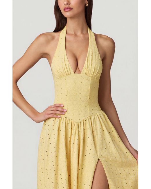 Oh Polly Yellow Modal Broderie Anglaise Halterneck Midaxi Dress