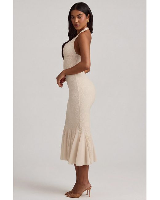 Oh Polly Natural Halterneck Corset Lace Midaxi Dress