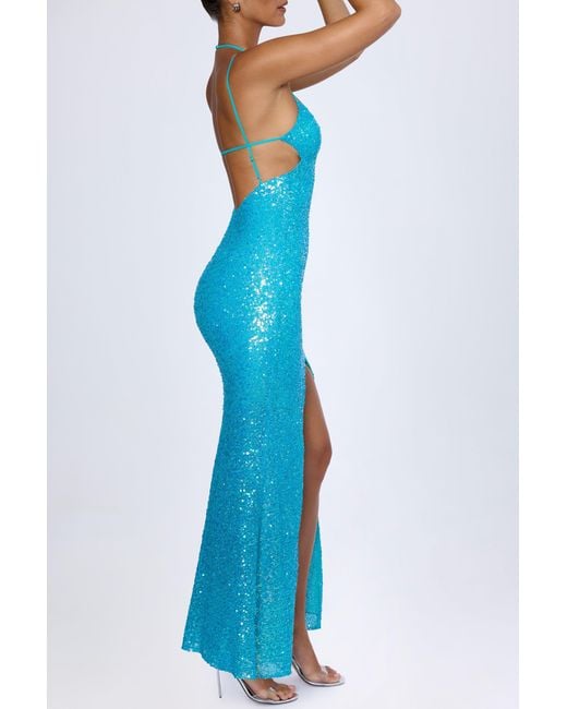 Oh Polly Blue Embellished Cut-Out Halterneck Maxi Dress