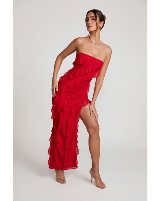 Oh Polly Red Bandeau Ruffle Detail Maxi Dress