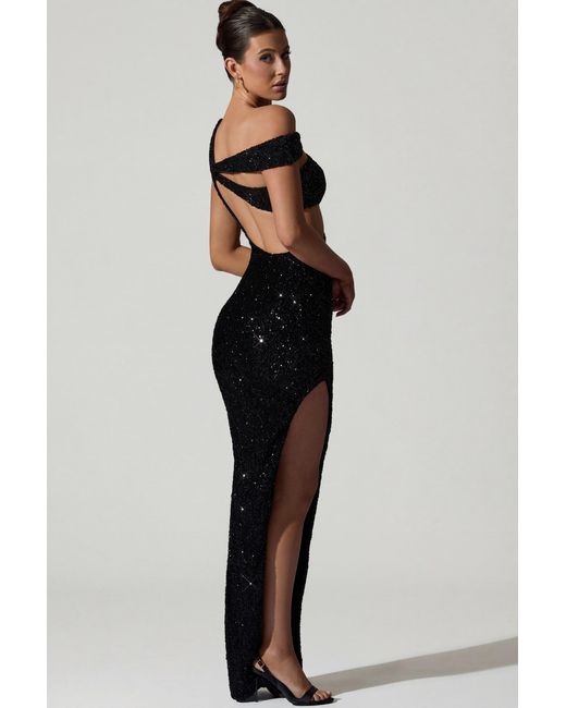Oh Polly Black Embellished Asymmetric Cut-Out Gown