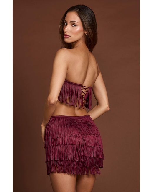 Oh Polly Red Fringed Bandeau Lace-Up Crop Top
