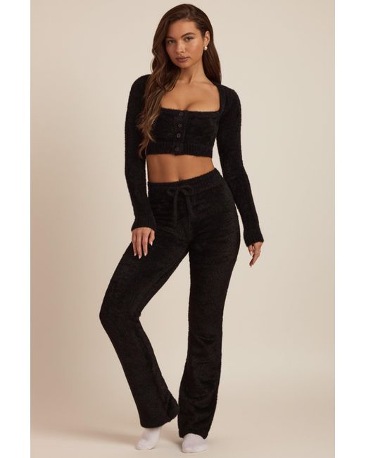Oh Polly Black Fluffy Knit Wide-Leg Trousers