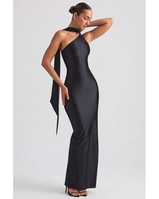 Oh Polly Black Asymmetric Scarf-Detail Maxi Dress
