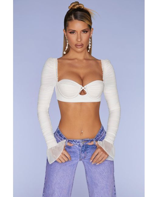 Oh Polly White Long Sleeve Ruched Crop Top