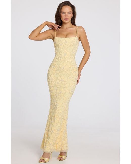 Oh Polly Yellow Embellished Square-Neck Maxi Dress