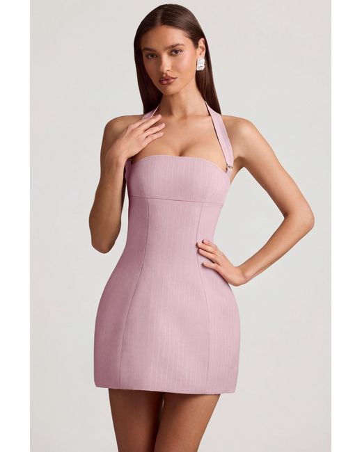 Oh Polly Pink Pinstripe Halterneck Structured A-Line Mini Dress